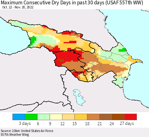 Azerbaijan, Armenia and Georgia Maximum Consecutive Dry Days in past 30 days (USAF 557th WW) 11/20/2022 Thematic Map For 11/16/2022 - 11/20/2022