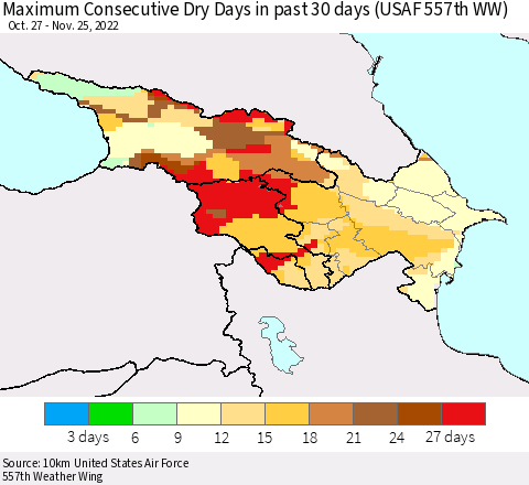 Azerbaijan, Armenia and Georgia Maximum Consecutive Dry Days in past 30 days (USAF 557th WW) 11/25/2022 Thematic Map For 11/21/2022 - 11/25/2022