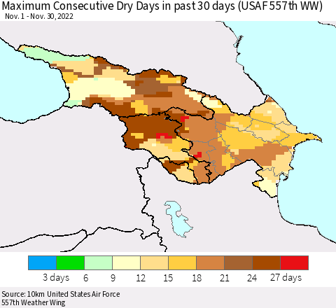 Azerbaijan, Armenia and Georgia Maximum Consecutive Dry Days in past 30 days (USAF 557th WW) 11/30/2022 Thematic Map For 11/26/2022 - 11/30/2022