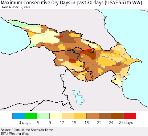 Azerbaijan, Armenia and Georgia Maximum Consecutive Dry Days in past 30 days (USAF 557th WW) 12/05/2022 Thematic Map For 12/1/2022 - 12/5/2022