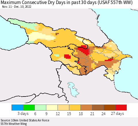 Azerbaijan, Armenia and Georgia Maximum Consecutive Dry Days in past 30 days (USAF 557th WW) 12/10/2022 Thematic Map For 12/6/2022 - 12/10/2022