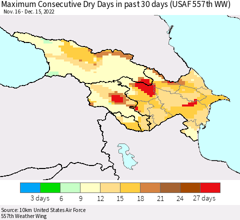 Azerbaijan, Armenia and Georgia Maximum Consecutive Dry Days in past 30 days (USAF 557th WW) 12/15/2022 Thematic Map For 12/11/2022 - 12/15/2022