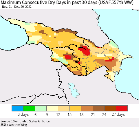 Azerbaijan, Armenia and Georgia Maximum Consecutive Dry Days in past 30 days (USAF 557th WW) 12/20/2022 Thematic Map For 12/16/2022 - 12/20/2022