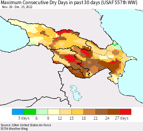 Azerbaijan, Armenia and Georgia Maximum Consecutive Dry Days in past 30 days (USAF 557th WW) 12/25/2022 Thematic Map For 12/21/2022 - 12/25/2022