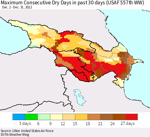 Azerbaijan, Armenia and Georgia Maximum Consecutive Dry Days in past 30 days (USAF 557th WW) 12/31/2022 Thematic Map For 12/26/2022 - 12/31/2022