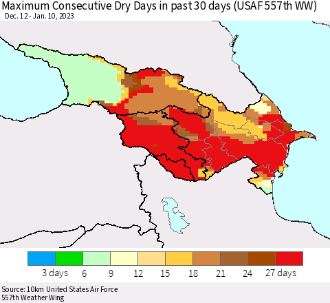 Azerbaijan, Armenia and Georgia Maximum Consecutive Dry Days in past 30 days (USAF 557th WW) 01/10/2023 Thematic Map For 1/6/2023 - 1/10/2023