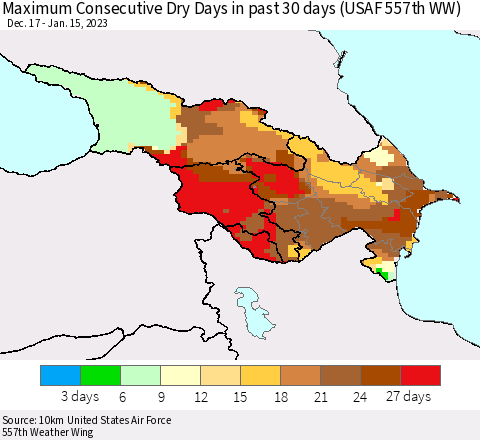 Azerbaijan, Armenia and Georgia Maximum Consecutive Dry Days in past 30 days (USAF 557th WW) 01/15/2023 Thematic Map For 1/11/2023 - 1/15/2023
