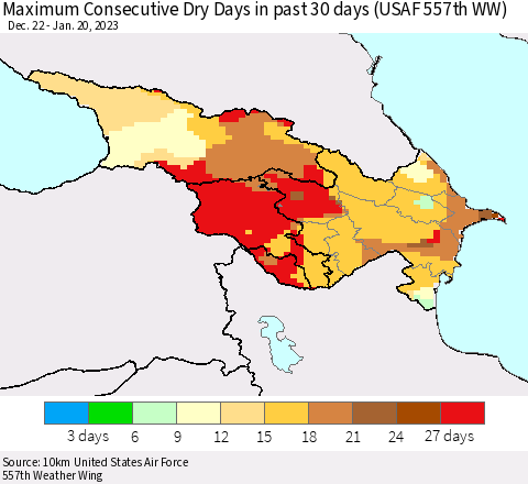 Azerbaijan, Armenia and Georgia Maximum Consecutive Dry Days in past 30 days (USAF 557th WW) 01/20/2023 Thematic Map For 1/16/2023 - 1/20/2023