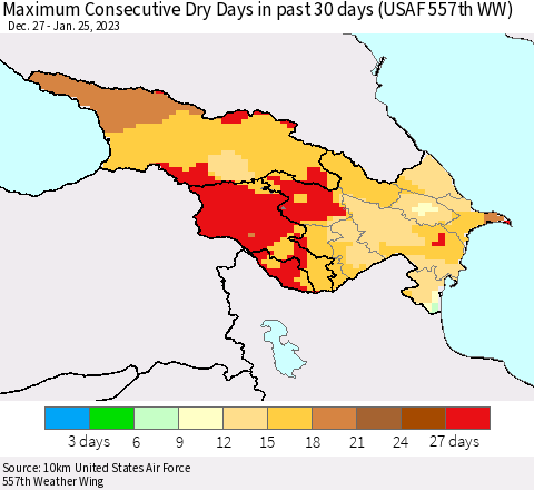 Azerbaijan, Armenia and Georgia Maximum Consecutive Dry Days in past 30 days (USAF 557th WW) 01/25/2023 Thematic Map For 1/21/2023 - 1/25/2023