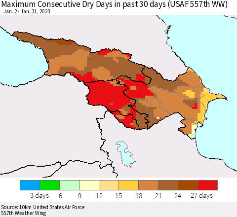 Azerbaijan, Armenia and Georgia Maximum Consecutive Dry Days in past 30 days (USAF 557th WW) 01/31/2023 Thematic Map For 1/26/2023 - 1/31/2023