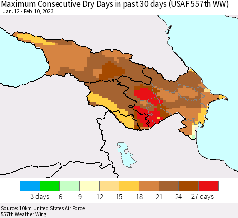 Azerbaijan, Armenia and Georgia Maximum Consecutive Dry Days in past 30 days (USAF 557th WW) 02/10/2023 Thematic Map For 2/6/2023 - 2/10/2023