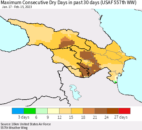 Azerbaijan, Armenia and Georgia Maximum Consecutive Dry Days in past 30 days (USAF 557th WW) 02/15/2023 Thematic Map For 2/11/2023 - 2/15/2023