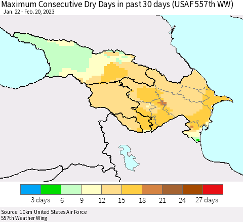 Azerbaijan, Armenia and Georgia Maximum Consecutive Dry Days in past 30 days (USAF 557th WW) 02/20/2023 Thematic Map For 2/16/2023 - 2/20/2023
