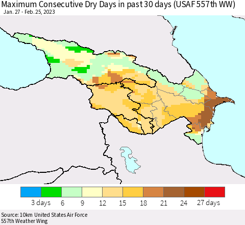 Azerbaijan, Armenia and Georgia Maximum Consecutive Dry Days in past 30 days (USAF 557th WW) 02/25/2023 Thematic Map For 2/21/2023 - 2/25/2023