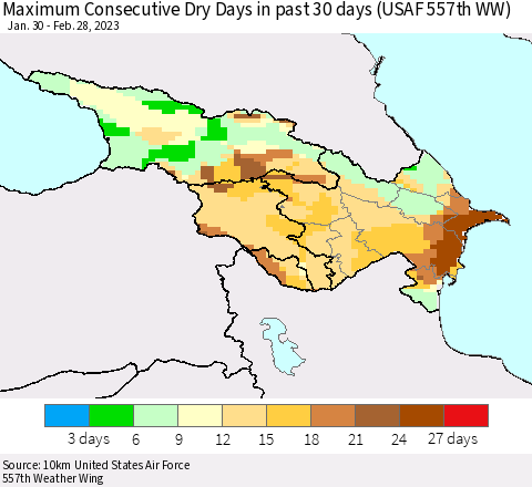 Azerbaijan, Armenia and Georgia Maximum Consecutive Dry Days in past 30 days (USAF 557th WW) 02/28/2023 Thematic Map For 2/26/2023 - 2/28/2023