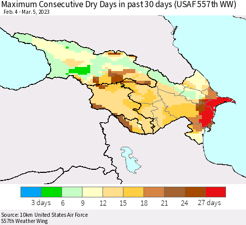 Azerbaijan, Armenia and Georgia Maximum Consecutive Dry Days in past 30 days (USAF 557th WW) 03/05/2023 Thematic Map For 3/1/2023 - 3/5/2023