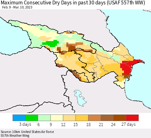 Azerbaijan, Armenia and Georgia Maximum Consecutive Dry Days in past 30 days (USAF 557th WW) 03/10/2023 Thematic Map For 3/6/2023 - 3/10/2023