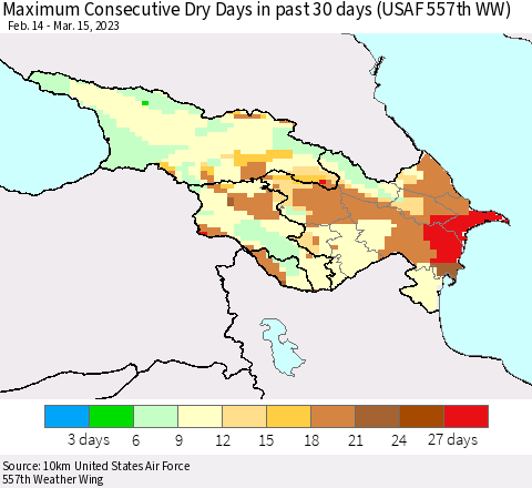 Azerbaijan, Armenia and Georgia Maximum Consecutive Dry Days in past 30 days (USAF 557th WW) 03/15/2023 Thematic Map For 3/11/2023 - 3/15/2023