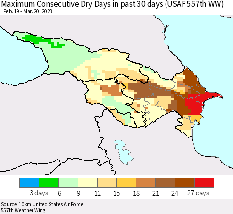 Azerbaijan, Armenia and Georgia Maximum Consecutive Dry Days in past 30 days (USAF 557th WW) 03/20/2023 Thematic Map For 3/16/2023 - 3/20/2023