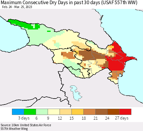 Azerbaijan, Armenia and Georgia Maximum Consecutive Dry Days in past 30 days (USAF 557th WW) 03/25/2023 Thematic Map For 3/21/2023 - 3/25/2023