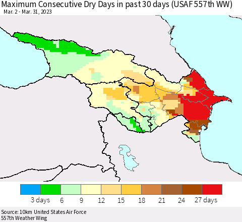 Azerbaijan, Armenia and Georgia Maximum Consecutive Dry Days in past 30 days (USAF 557th WW) 03/31/2023 Thematic Map For 3/26/2023 - 3/31/2023