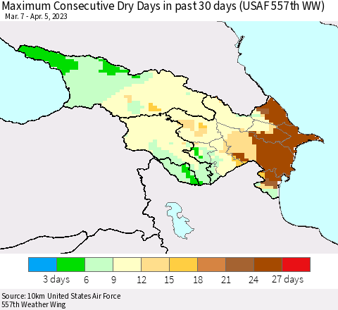 Azerbaijan, Armenia and Georgia Maximum Consecutive Dry Days in past 30 days (USAF 557th WW) 04/05/2023 Thematic Map For 4/1/2023 - 4/5/2023