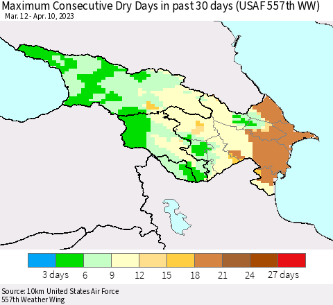 Azerbaijan, Armenia and Georgia Maximum Consecutive Dry Days in past 30 days (USAF 557th WW) 04/10/2023 Thematic Map For 4/6/2023 - 4/10/2023