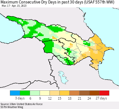 Azerbaijan, Armenia and Georgia Maximum Consecutive Dry Days in past 30 days (USAF 557th WW) 04/15/2023 Thematic Map For 4/11/2023 - 4/15/2023