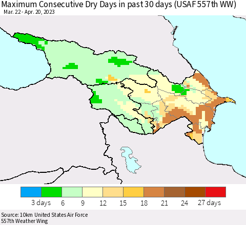 Azerbaijan, Armenia and Georgia Maximum Consecutive Dry Days in past 30 days (USAF 557th WW) 04/20/2023 Thematic Map For 4/16/2023 - 4/20/2023
