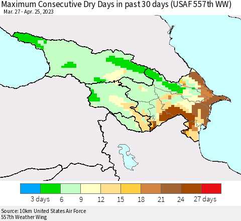 Azerbaijan, Armenia and Georgia Maximum Consecutive Dry Days in past 30 days (USAF 557th WW) 04/25/2023 Thematic Map For 4/21/2023 - 4/25/2023