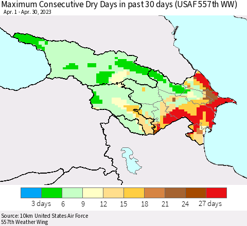 Azerbaijan, Armenia and Georgia Maximum Consecutive Dry Days in past 30 days (USAF 557th WW) 04/30/2023 Thematic Map For 4/26/2023 - 4/30/2023