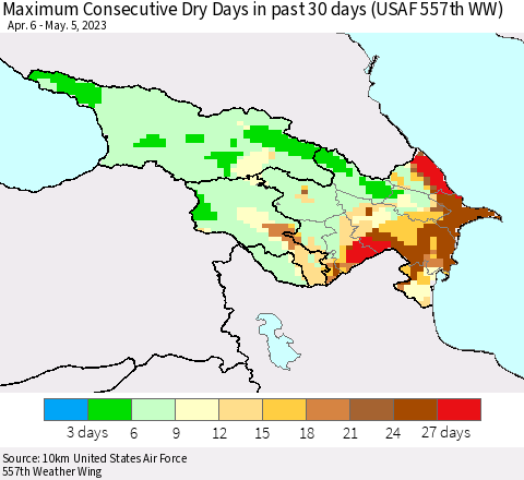 Azerbaijan, Armenia and Georgia Maximum Consecutive Dry Days in past 30 days (USAF 557th WW) 05/05/2023 Thematic Map For 5/1/2023 - 5/5/2023