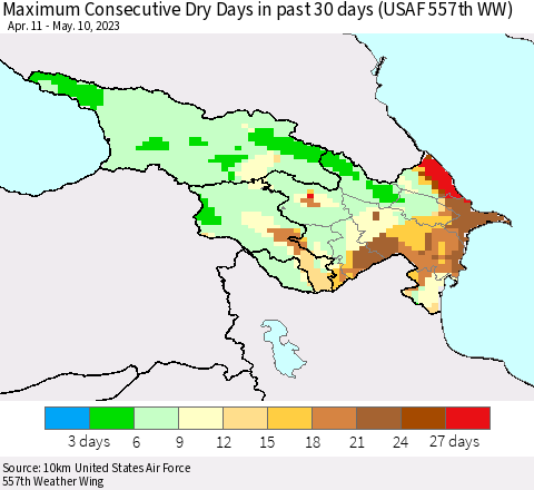 Azerbaijan, Armenia and Georgia Maximum Consecutive Dry Days in past 30 days (USAF 557th WW) 05/10/2023 Thematic Map For 5/6/2023 - 5/10/2023
