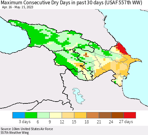 Azerbaijan, Armenia and Georgia Maximum Consecutive Dry Days in past 30 days (USAF 557th WW) 05/15/2023 Thematic Map For 5/11/2023 - 5/15/2023