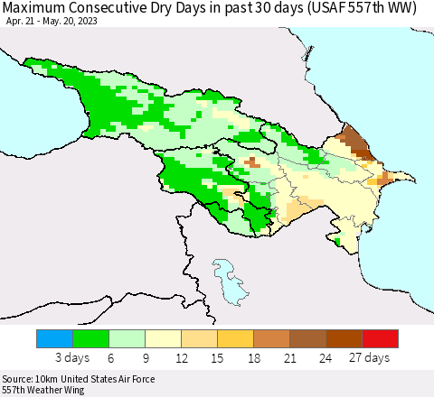 Azerbaijan, Armenia and Georgia Maximum Consecutive Dry Days in past 30 days (USAF 557th WW) 05/20/2023 Thematic Map For 5/16/2023 - 5/20/2023