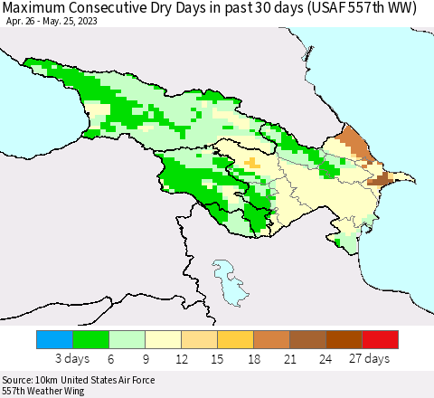 Azerbaijan, Armenia and Georgia Maximum Consecutive Dry Days in past 30 days (USAF 557th WW) 05/25/2023 Thematic Map For 5/21/2023 - 5/25/2023