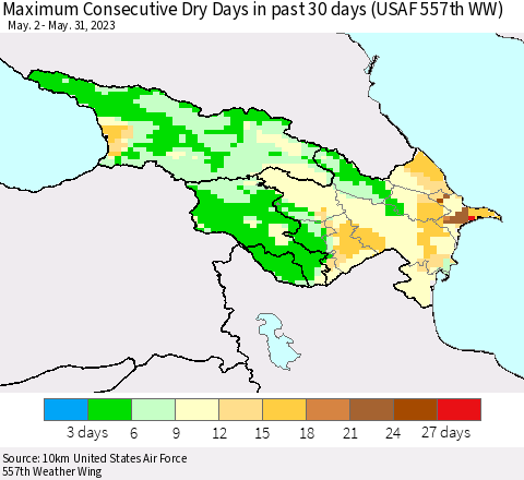 Azerbaijan, Armenia and Georgia Maximum Consecutive Dry Days in past 30 days (USAF 557th WW) 05/31/2023 Thematic Map For 5/26/2023 - 5/31/2023