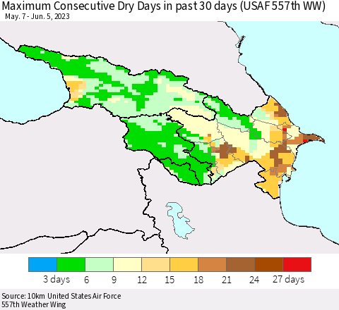 Azerbaijan, Armenia and Georgia Maximum Consecutive Dry Days in past 30 days (USAF 557th WW) 06/05/2023 Thematic Map For 6/1/2023 - 6/5/2023