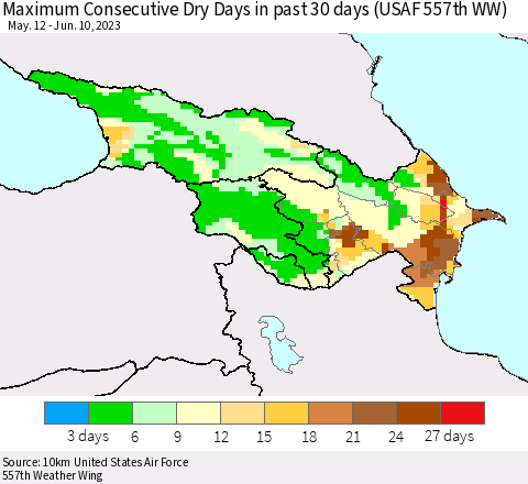 Azerbaijan, Armenia and Georgia Maximum Consecutive Dry Days in past 30 days (USAF 557th WW) 06/10/2023 Thematic Map For 6/6/2023 - 6/10/2023