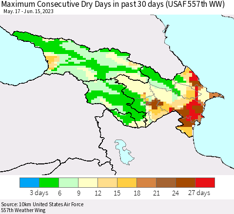 Azerbaijan, Armenia and Georgia Maximum Consecutive Dry Days in past 30 days (USAF 557th WW) 06/15/2023 Thematic Map For 6/11/2023 - 6/15/2023