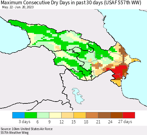 Azerbaijan, Armenia and Georgia Maximum Consecutive Dry Days in past 30 days (USAF 557th WW) 06/20/2023 Thematic Map For 6/16/2023 - 6/20/2023