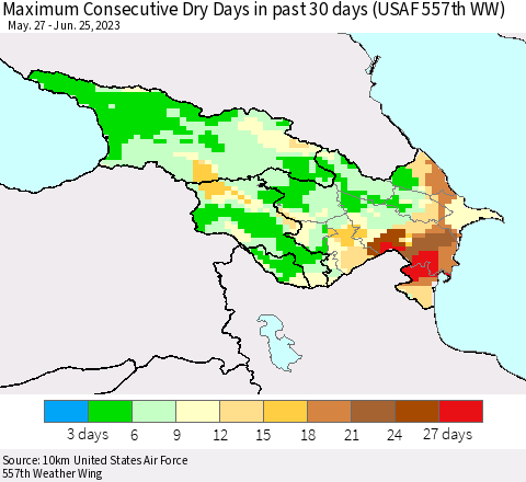 Azerbaijan, Armenia and Georgia Maximum Consecutive Dry Days in past 30 days (USAF 557th WW) 06/25/2023 Thematic Map For 6/21/2023 - 6/25/2023