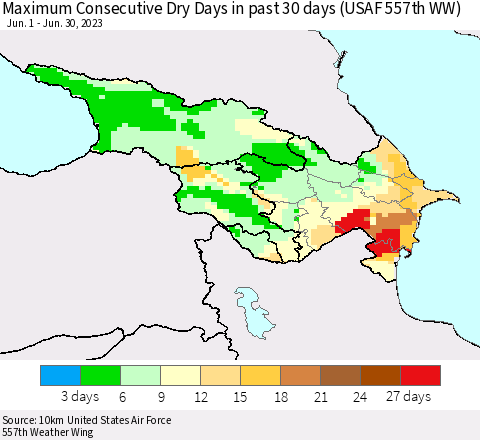 Azerbaijan, Armenia and Georgia Maximum Consecutive Dry Days in past 30 days (USAF 557th WW) 06/30/2023 Thematic Map For 6/26/2023 - 6/30/2023