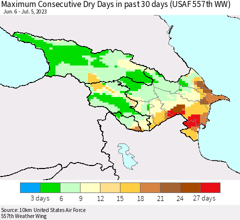 Azerbaijan, Armenia and Georgia Maximum Consecutive Dry Days in past 30 days (USAF 557th WW) 07/05/2023 Thematic Map For 7/1/2023 - 7/5/2023