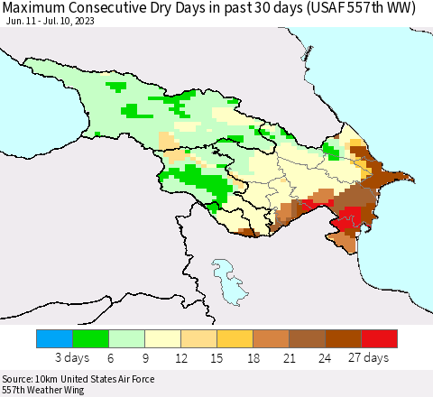 Azerbaijan, Armenia and Georgia Maximum Consecutive Dry Days in past 30 days (USAF 557th WW) 07/10/2023 Thematic Map For 7/6/2023 - 7/10/2023