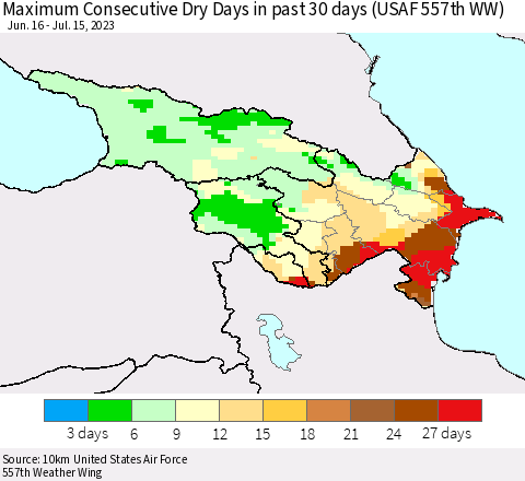 Azerbaijan, Armenia and Georgia Maximum Consecutive Dry Days in past 30 days (USAF 557th WW) 07/15/2023 Thematic Map For 7/11/2023 - 7/15/2023