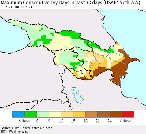 Azerbaijan, Armenia and Georgia Maximum Consecutive Dry Days in past 30 days (USAF 557th WW) 07/20/2023 Thematic Map For 7/16/2023 - 7/20/2023