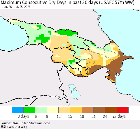 Azerbaijan, Armenia and Georgia Maximum Consecutive Dry Days in past 30 days (USAF 557th WW) 07/25/2023 Thematic Map For 7/21/2023 - 7/25/2023