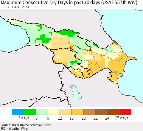 Azerbaijan, Armenia and Georgia Maximum Consecutive Dry Days in past 30 days (USAF 557th WW) 07/31/2023 Thematic Map For 7/26/2023 - 7/31/2023