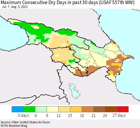 Azerbaijan, Armenia and Georgia Maximum Consecutive Dry Days in past 30 days (USAF 557th WW) 08/05/2023 Thematic Map For 8/1/2023 - 8/5/2023